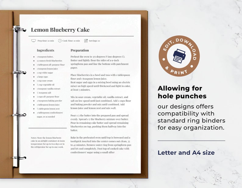 Allowing for hole punches, our designs offers compatibility with standard ring binders for easy organization.