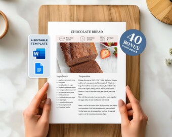 Modello di ricetta modificabile: pagina del ricettario stampabile con MS Word e Google Docs (download digitale)