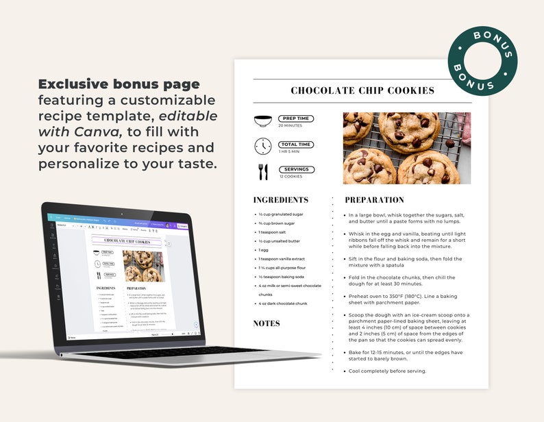 Recipe Binder Cover + Bonus Recipe Template editable with canvas