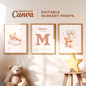 Juego de 3 impresiones minimalistas de acuarela con letras editables de Canva para pared de guardería, diseño de osito de peluche, elegante decoración personalizada con iniciales y nubes.