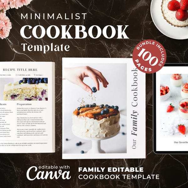 Modèle de livre de cuisine familial minimaliste : plus de 100 pages de livre de recettes, modèle Canva (téléchargement numérique)