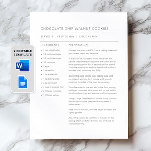 May include: A white recipe card titled "Chocolate Chip Walnut Cookies" with a list of ingredients and instructions. The recipe serves 4 and takes 30 minutes to prep and 40 minutes to cook. Includes a "2 Editable Template" graphic.