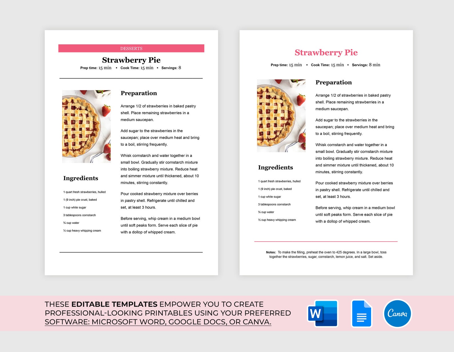 Editable Recipe Template - Google Docs, MS Word and Canva Recipe Template, Printable Recipe ...