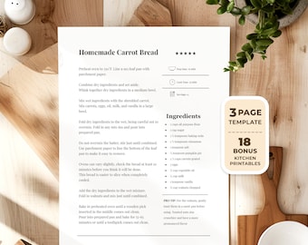 May include: A printable recipe card for homemade carrot bread. The recipe includes ingredients like all-purpose flour, baking soda, salt, pumpkin pie spice, carrots, vegetable oil, milk, and walnuts. The card also includes a pro tip for toasting the walnuts before adding them to the bread.