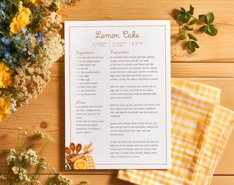 Editable Embroidered Style Family Cookbook Page Editable with Canva, Cozy Yellow Recipe Template