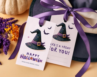 Halloween Canva Editable Witch Hat Kids Gift Tags | Personalized Boo Basket Favor Treat Tags