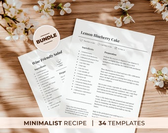 May include: Two minimalist recipe cards with a white background and black text. The top card is for Lemon Blueberry Cake and the bottom card is for Wine Friendly Salad. Both cards include a list of ingredients and preparation instructions.