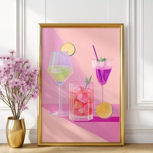 Różowy Bar Cart Decor Wall art | Koktajl Plakat Wall Art, Koktajl Dekoracja Szklanki Napój, Różowe Vintage Napoje, Estetyczny Dziewczęcy Bar Cart