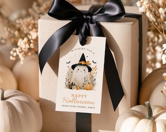 Witching You A Happy Halloween Gift Tag, Boho Favor Treat Tags, Boo Basket, Canva Template
