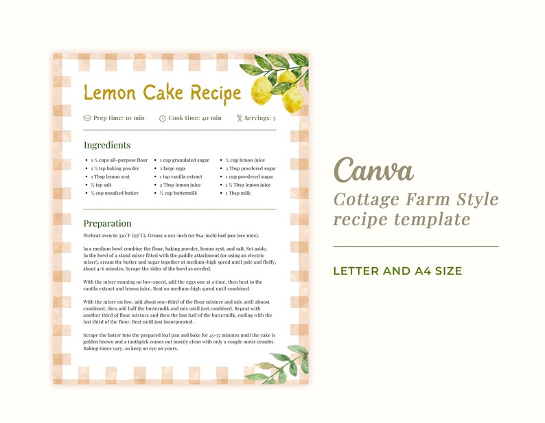 Vintage Farmhouse Editable Recipe Template with Canva | Custom Recipe Book Page, Cottagecore Recipe Template, Cookbook Recipe Template