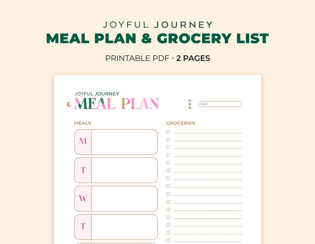 Weekly Meal Planner With Grocery List Joyful Journey Day Menu Plan ...