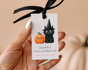 Pumpkin & Cat Gift Tag, Minimalist Halloween Favor Treat Tags, Boo Basket Editable Canva Template