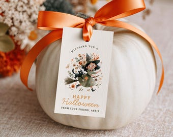 Witching You A Happy Halloween Boho Witch Gift Tag, Canva Favor Treat Tags, Boo Basket