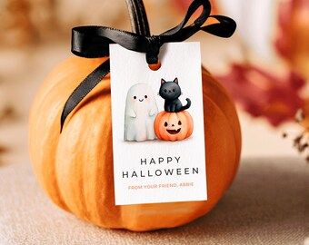Minimalist Halloween Treat Tags: Boho Cat & Pumpkin Gift Tag, Boo Basket Editable Canva Template