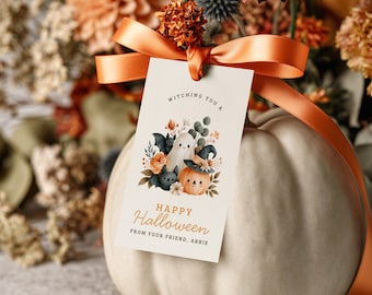 Witching You A Happy Halloween Boho Ghost Gift Tag, Canva Favor Treat Tags, Boo Basket