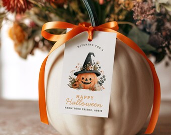 Witching You A Happy Halloween Boho Pumpkin Gift Tag, Canva Favor Treat Tags, Boo Basket