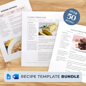 May include: A printable recipe template bundle with over 50 recipes. The bundle includes recipes for Banana Oatmeal, Glazed Lemon Loaf, and Walnut Brownies. The recipes are printed on white paper with a pink and blue color scheme.