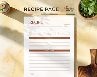 Blank Recipe Page Printable: Kitchen Recipe Book Design, Letter and A4 PDF (Digital Download)