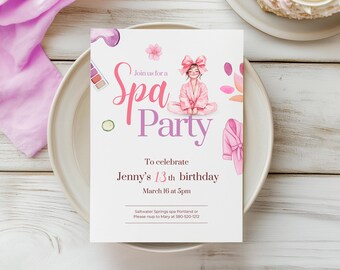 May include: A pink and white spa party invitation with a cartoon girl wearing a robe and a bow. The invitation says "Join us for a Spa Party" and includes the text "To celebrate Jenny's 13th birthday, March 16 at 5pm. Saltwater Springs spa Portland or Please rsvp to Mary at 580-520-1212."