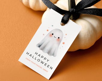 Minimalist Halloween Treat Tags: Boho Kids Ghost Gift Tag, Boo Basket Editable Canva Template