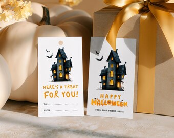 Halloween Canva Editable Haunted House Kids Gift Tags | Personalized Boo Basket Favor Treat Tags