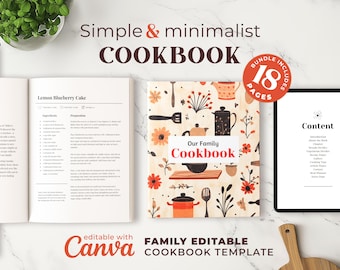 May include: A digital download for a simple and minimalist family cookbook template. The cover features a colorful floral design with the text "Our Family Cookbook". The template is editable with Canva and includes 18 pages.