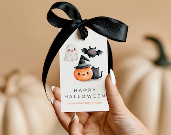 Pumpkin Gift Tag, Minimalist Halloween Favor Treat Tags, Boo Basket Editable Canva Template