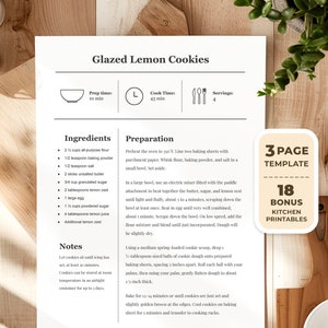 Minimalistisch bewerkbaar recept met MS Word en Google Docs-receptsjabloon | Afdrukbaar recept, bewerkbare elegante receptsjabloon + bonuspagina's