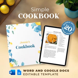 May include: A digital cookbook template featuring a watercolour floral design and the text "Jennie's Cookbook". The template is editable in Word and Google Docs and includes 20 bonus pages. The image also shows a recipe for orange cake.