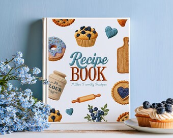 Blue Vintage Farmhouse Cookbook Cover, Embroidered Recipe Binder Cover, Editable Canva Template