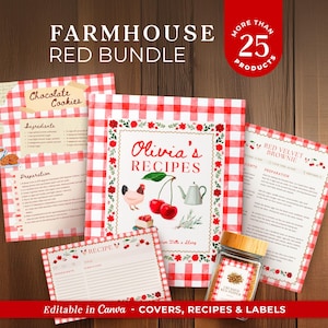 Pode incluir: Um conjunto vermelho em estilo rústico com cartões de receitas, capas de livros de receitas e rótulos. O design inclui padrões xadrez vermelho e branco, detalhes florais e o texto "Olivia's Recipes". A imagem também inclui o texto "Mais de 25 produtos".
