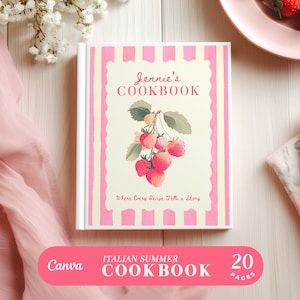 Op de afbeelding: Een kookboek met harde kaft getiteld Jennie's COOKBOOK met een crèmekleurig middenpaneel met een aardbeienillustratie en de tekst Where Every Recipe Tells a Story. De kaft heeft roze en witte verticale strepen en een witte rug.