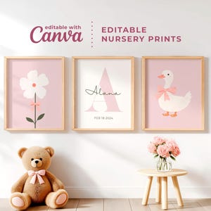 Pink Flower & Goose Nursery Prints: Canva Editable Initial Baby Name Art (Digital Download)