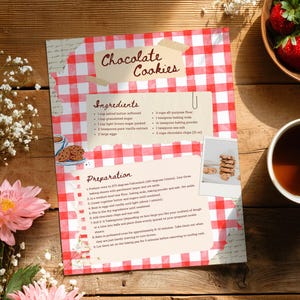 Puede incluir: Una receta de galletas de chocolate sobre un fondo a cuadros rojos y blancos. La receta incluye ingredientes y pasos de preparación. Una taza de café, un cuenco de fresas y flores también están sobre la superficie de madera.