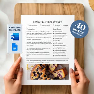 May include: A printable recipe card for Lemon Blueberry Cake. The recipe card includes a list of ingredients and instructions for preparation. The card also includes a picture of a sliced lemon blueberry cake.
