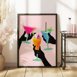 Koktajl Cheers Wall Art | Plakat Koktajlowy, Szklanki Napojów, Różowe Vintage Drinki, Estetyczny Dziewczęcy Bar Cart, Dekoracja Martini Art