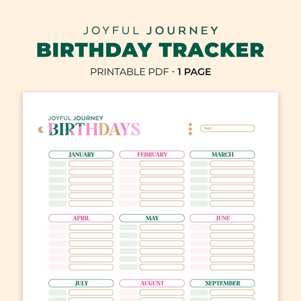 Birthday Tracker Joyful Journey, Birthday Calendar, Birthday Reminder, Birthday Planner - Printable PDF Template