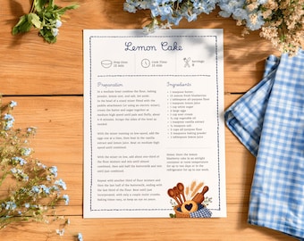 Blue Recipe Template, Editable Embroidered Style, Cozy Family Cookbook Page Editable with Canva