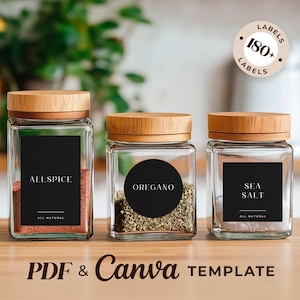 Plantilla editable de Canva con elegantes etiquetas minimalistas de especias negras y PDF tamaño carta/A4. Etiquetas para especias, etiquetas modernas personalizadas para frascos y etiquetas para hierbas.