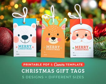 May include: Three Christmas gift tags with festive designs: a polar bear, a reindeer, and Santa Claus. Each tag has the words "MERRY CHRISTMAS" and space for "TO" and "FROM". The tags are white with colorful illustrations and are tied with white string.