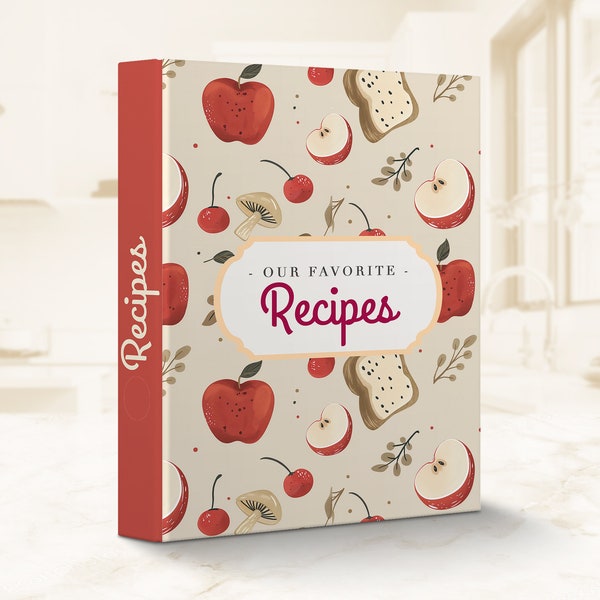 Recipe Binder Cover + Bonus Recipe Template - Apple Design Binder Kit, Recipe Book Cover, Binder Spine and Dividers, Printable PDF