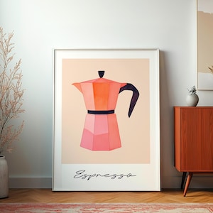 Minimalist Modern Espresso Pink & Orange Coffee Poster Print | Trendy Pink Coffee Cart Wall Art, Modern Kitchen Decor, Espresso Cup Print