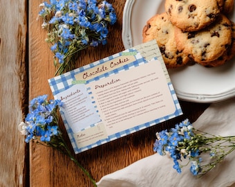 Tarjeta de recetas familiares editable de 5x7, tarjeta vintage azul para álbum de recortes (plantilla de Canva)