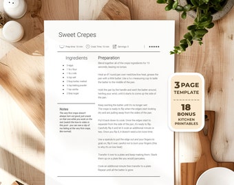 May include: A printable recipe card for sweet crepes with a list of ingredients, preparation instructions, and notes. The card has a brown wood background and a white border. The text is in black.