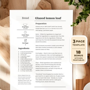 Receta minimalista editable con plantilla de receta de MS Word y Google Docs / Receta imprimible, Plantilla de receta elegante editable + páginas de bonificación