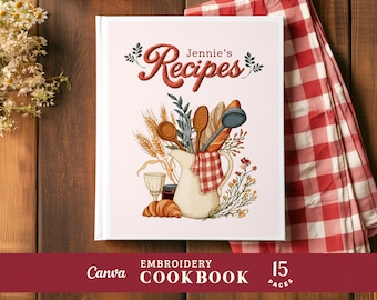 Custom Embroidered Recipe Book Binder, Digital Vintage Family Personalized Cookbook, Canva Template