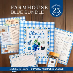 May include: A selection of farmhouse-style recipe cards, covers, and labels. The designs feature a blue and white gingham pattern, floral accents, and the text "Olivia's Recipes." The image also includes a jar with a label and the text "More than 25 Products."