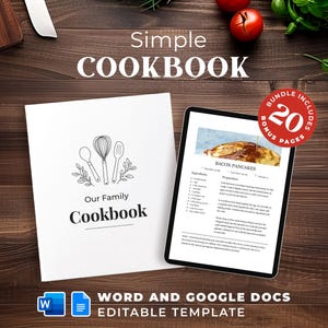 Plantilla editable de libro de recetas de Microsoft Word simple / Carpeta de recetas familiar de Google Docs, plantilla de libro de recetas personalizado, libro de recetas personalizado