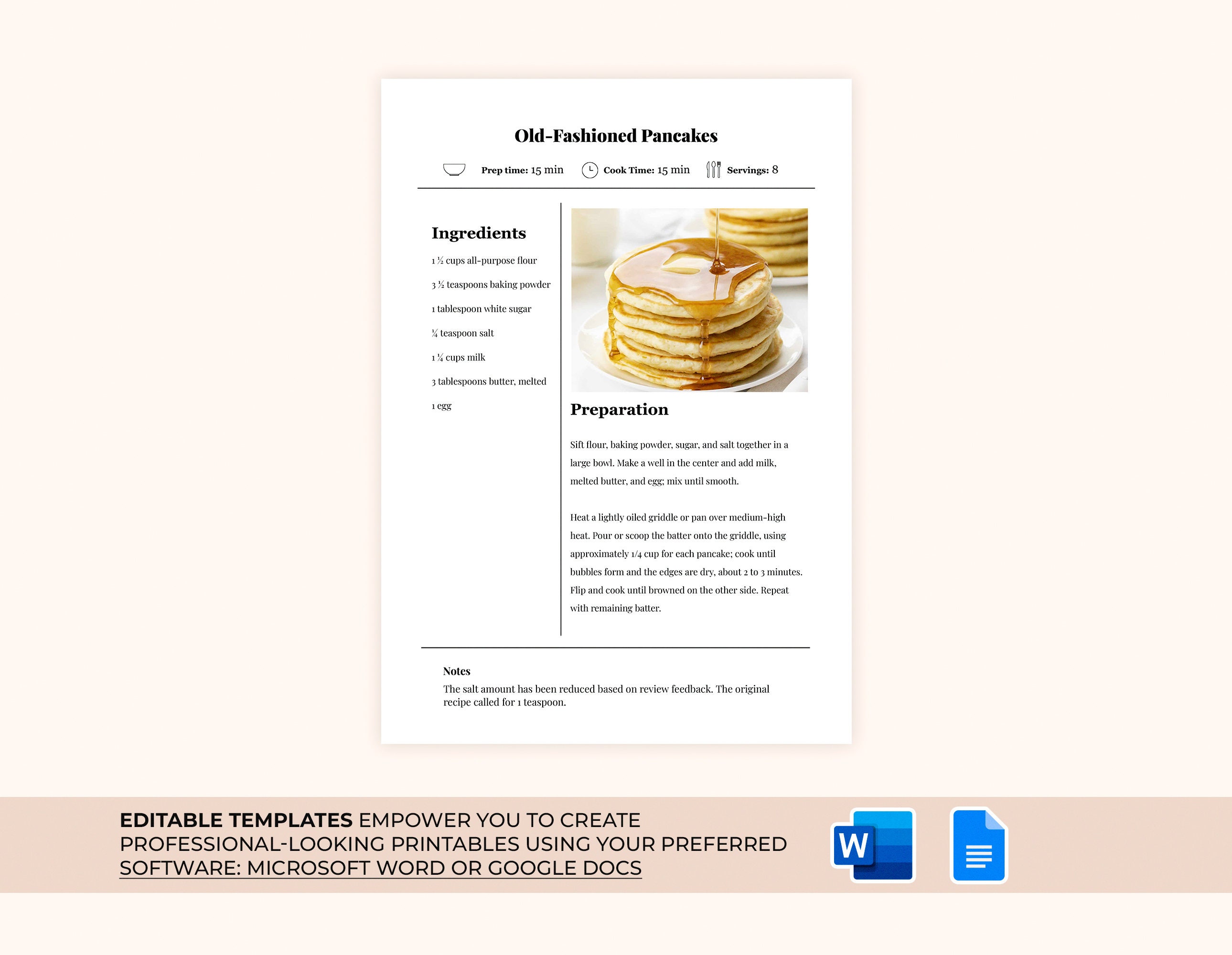 Static Recipe Post Printable Recipe Template: Editable Recipe Book Page, MS Word & Google ...