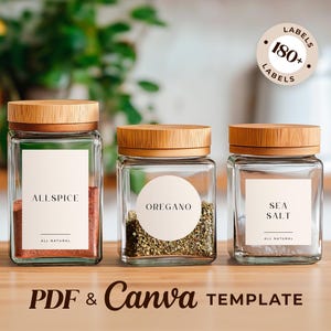 Plantilla editable de Canva con elegantes etiquetas minimalistas de especias beige y PDF tamaño carta/A4. Etiquetas para especias, etiquetas modernas personalizadas para frascos y etiquetas para hierbas.